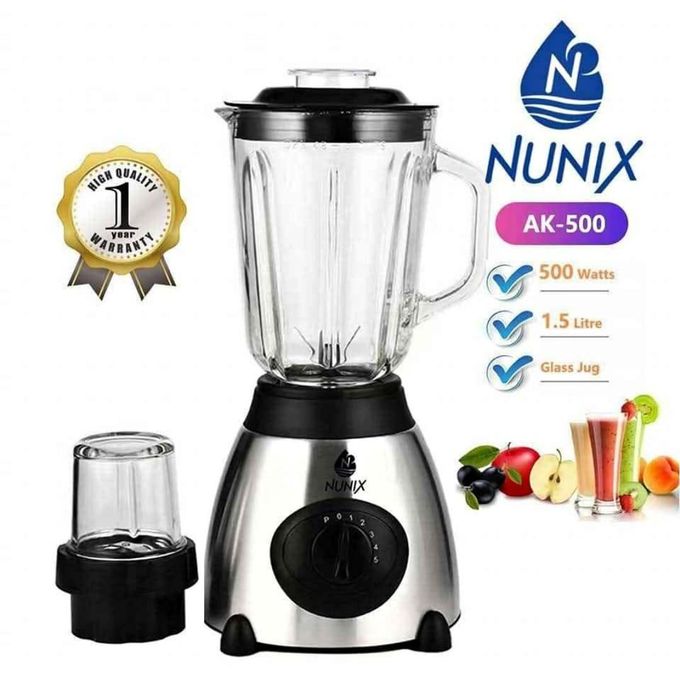 Nunix AK-500 Powerful 2 In 1 Blender With Grinding Machine and Glass Jar 1.5 Ltr- 500W